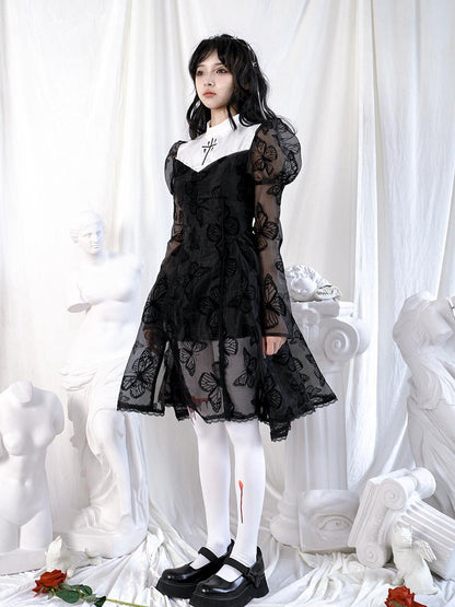 Daytoday Butterfly Lace Princess Puff Sleeve Cross Embroidered Waist Tie Dress