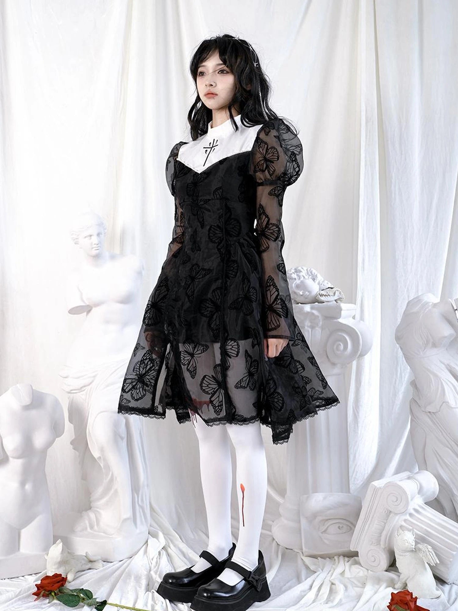 Butterfly Lace Princess Puff Sleeve Cross Embroidered Waist Tie Dress