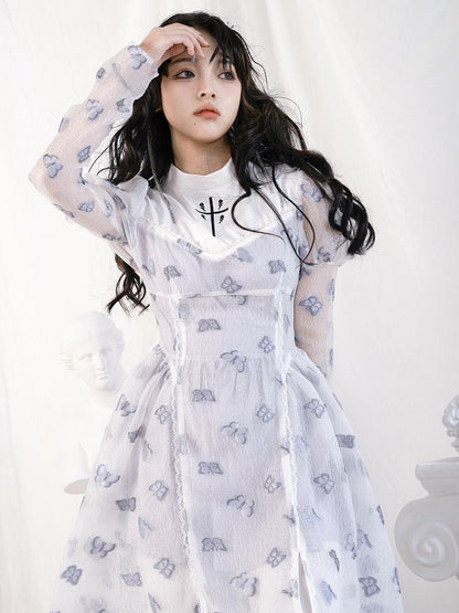 Daytoday Butterfly Lace Princess Puff Sleeve Cross Embroidered Waist Tie Dress