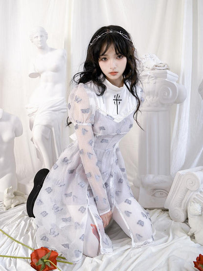 Daytoday Butterfly Lace Princess Puff Sleeve Cross Embroidered Waist Tie Dress
