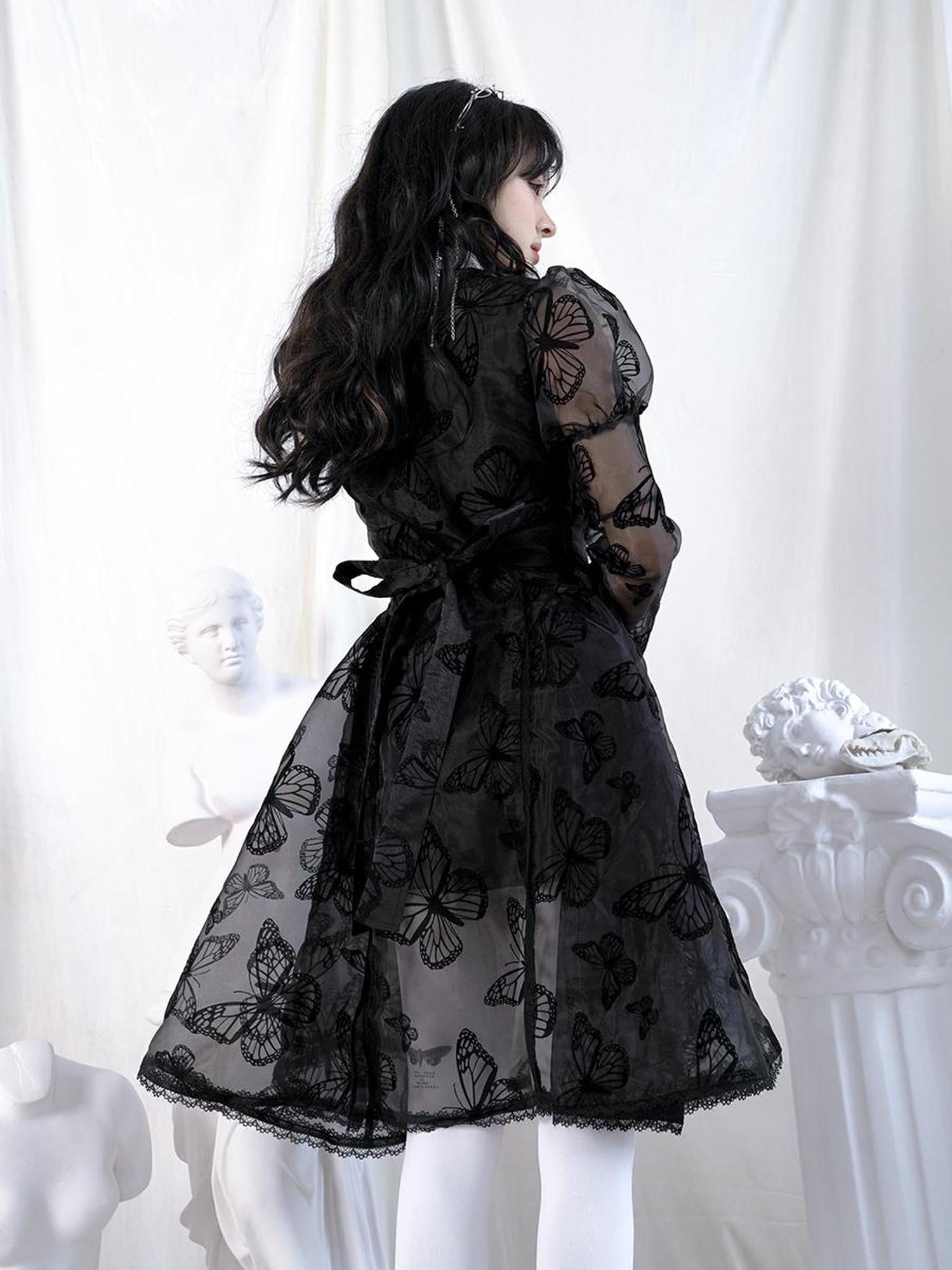 Daytoday Butterfly Lace Princess Puff Sleeve Cross Embroidered Waist Tie Dress