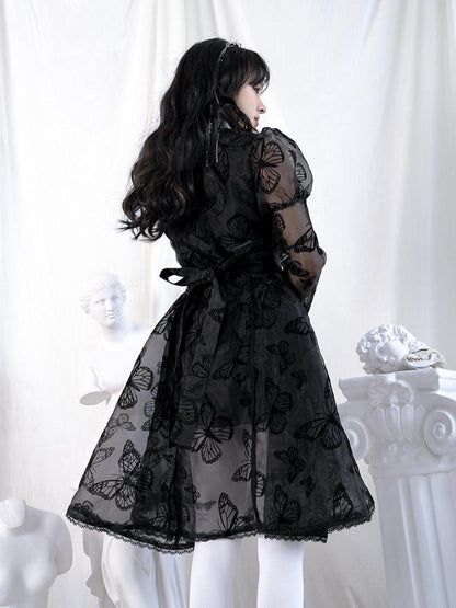 Daytoday Butterfly Lace Princess Puff Sleeve Cross Embroidered Waist Tie Dress