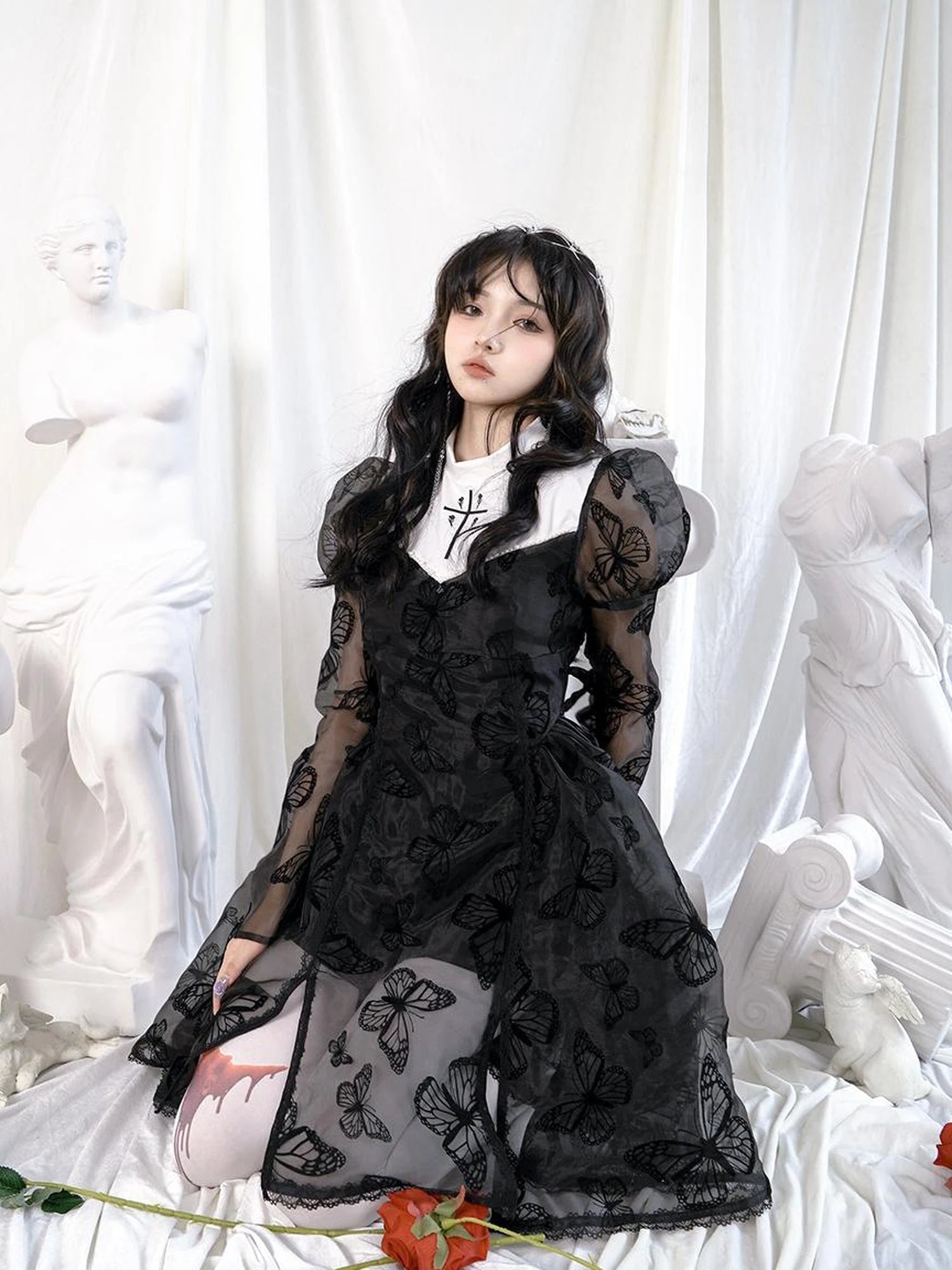 Butterfly Lace Princess Puff Sleeve Cross Embroidered Waist Tie Dress