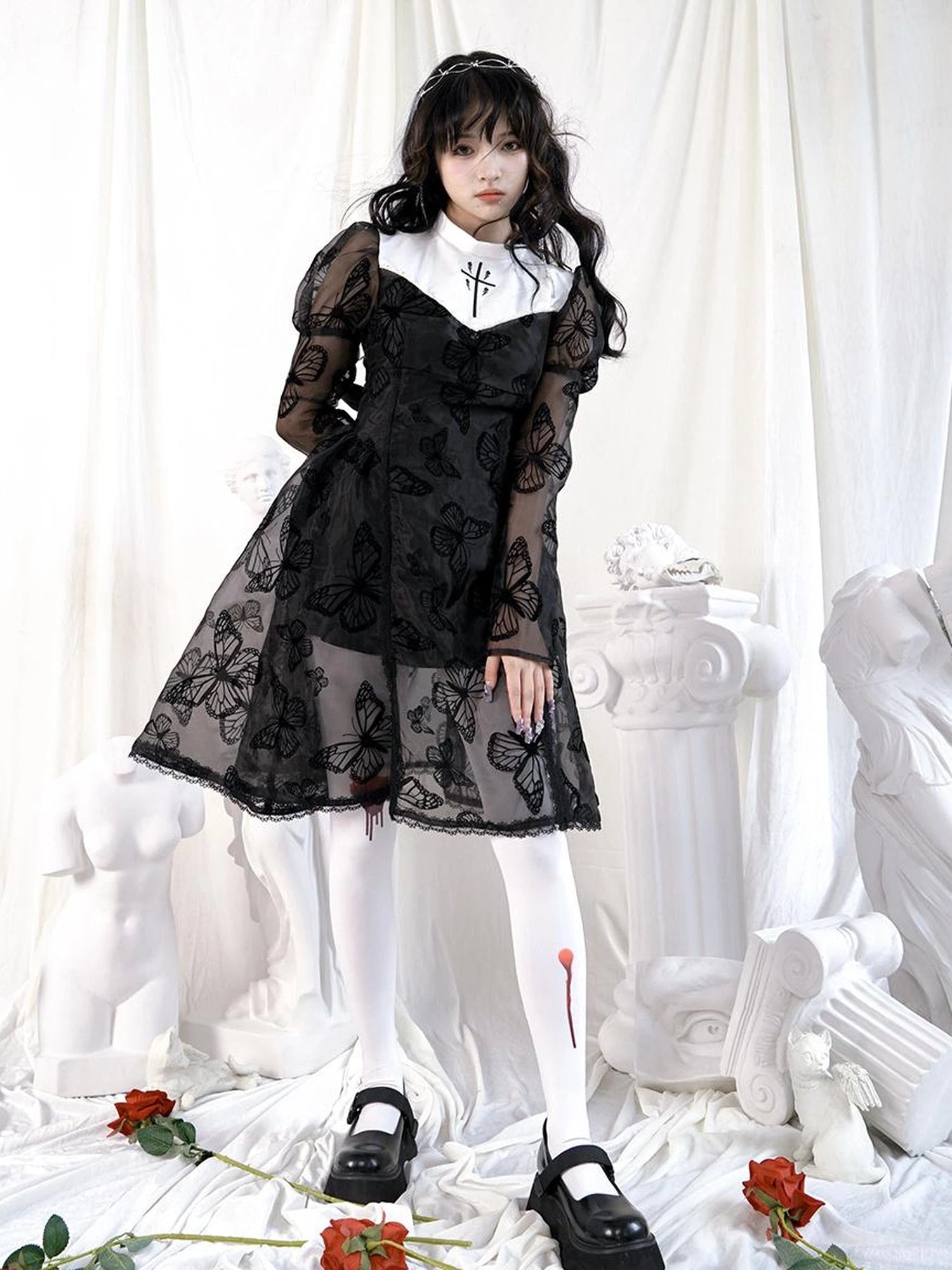 Butterfly Lace Princess Puff Sleeve Cross Embroidered Waist Tie Dress
