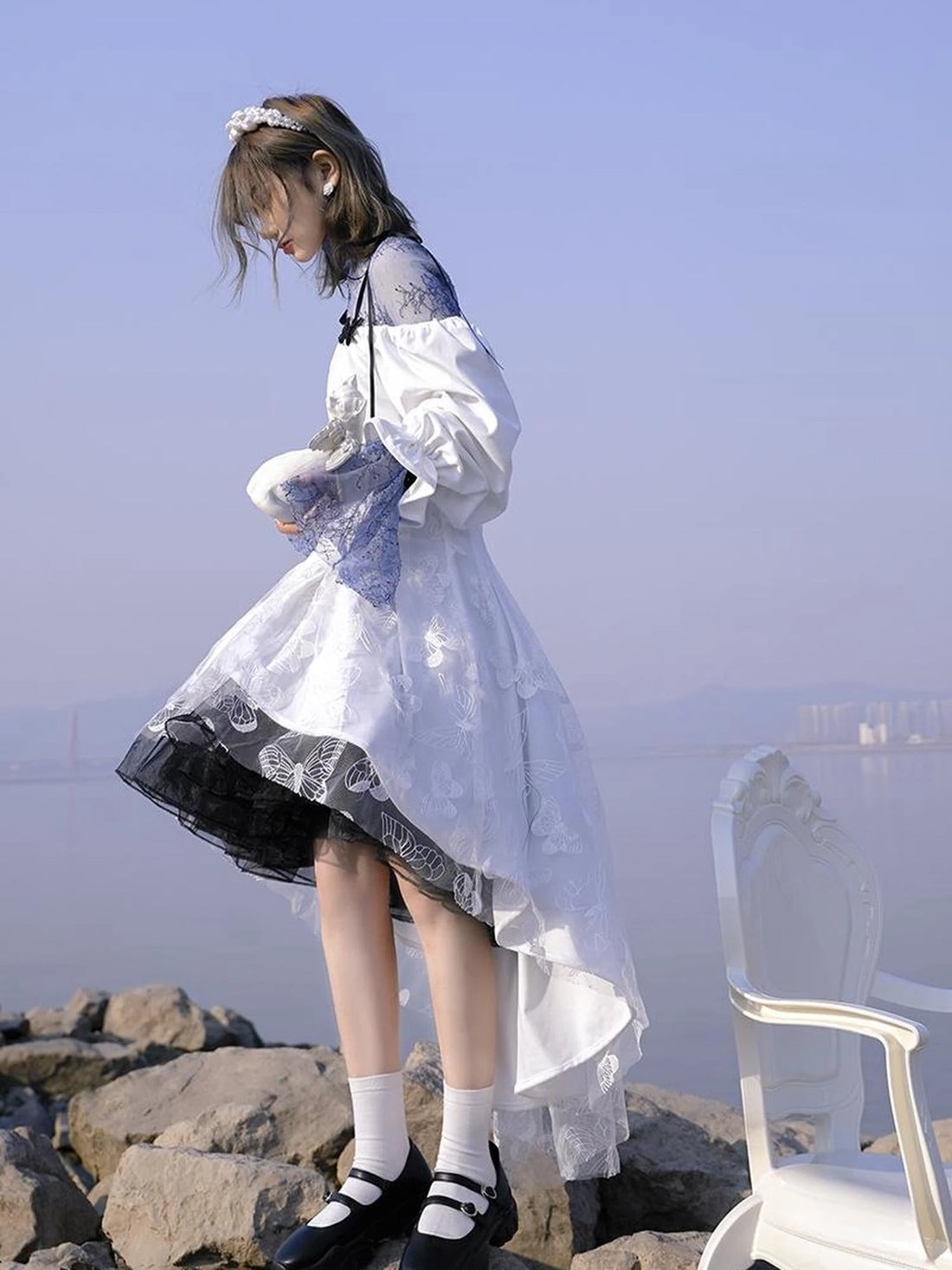 Butterfly Lace Velvet Dress Inspired By Les Fleurs Du Mal V-Neck T-Shirt Long-Sleeve