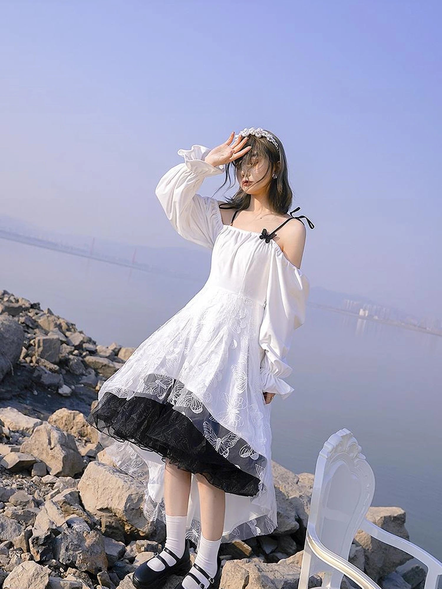 Butterfly Lace Velvet Dress Inspired By Les Fleurs Du Mal V-Neck T-Shirt Long-Sleeve