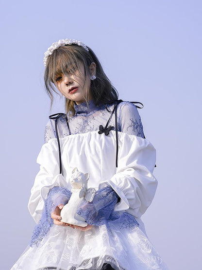 Daytoday Butterfly Lace Velvet Dress Inspired By Les Fleurs Du Mal V-Neck T-Shirt Long-Sleeve