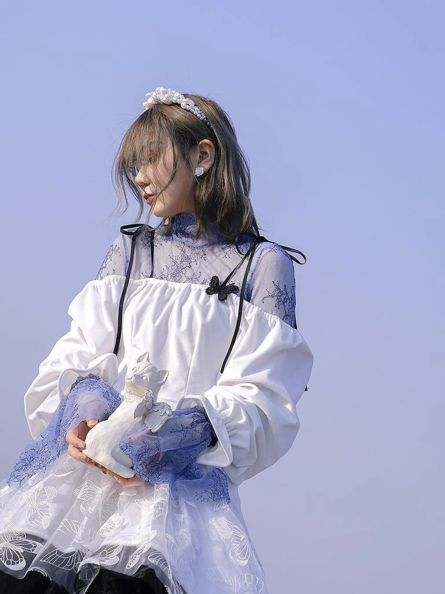 Butterfly Lace Velvet Dress Inspired By Les Fleurs Du Mal V-Neck T-Shirt Long-Sleeve