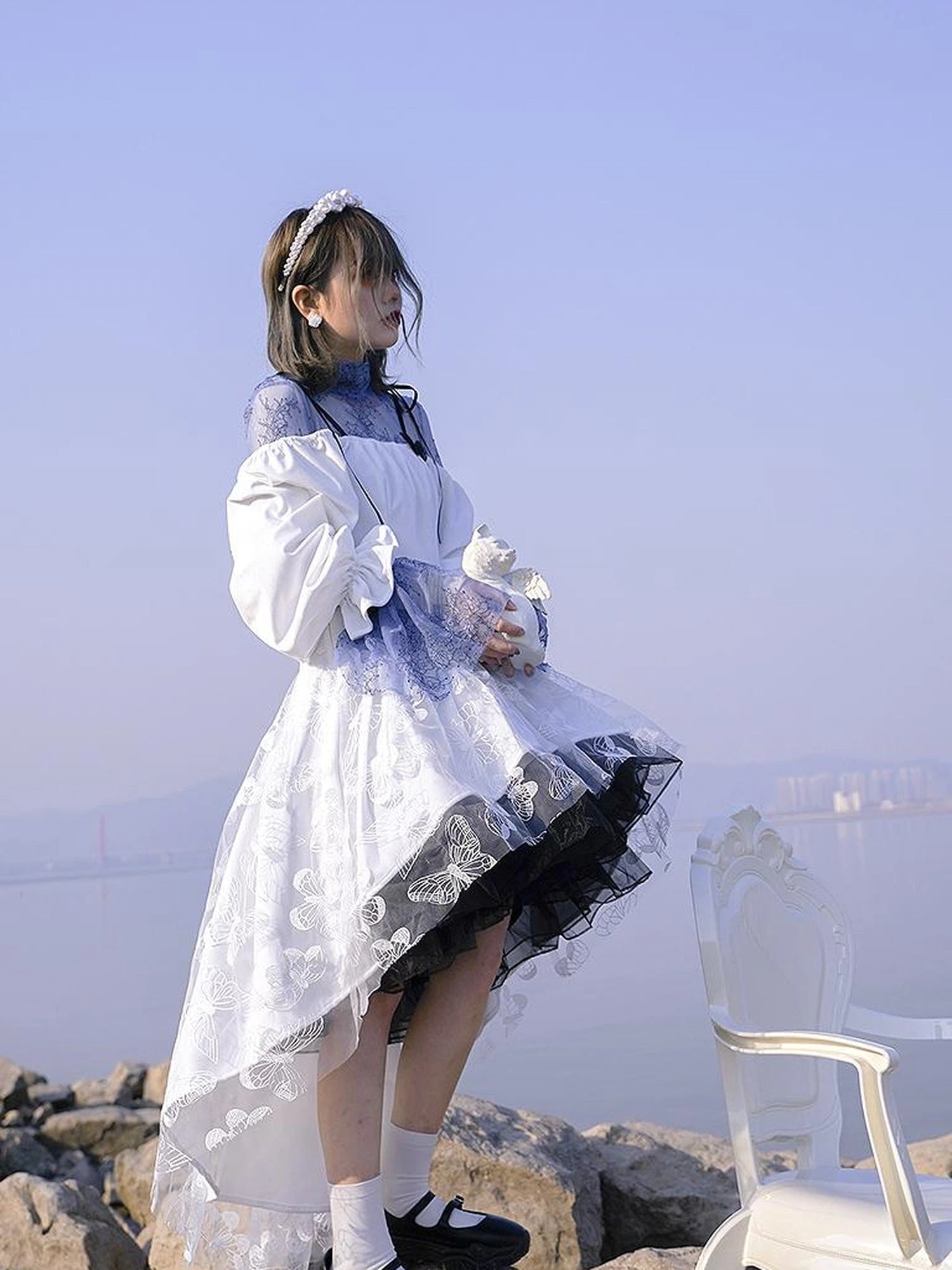 Butterfly Lace Velvet Dress Inspired By Les Fleurs Du Mal V-Neck T-Shirt Long-Sleeve