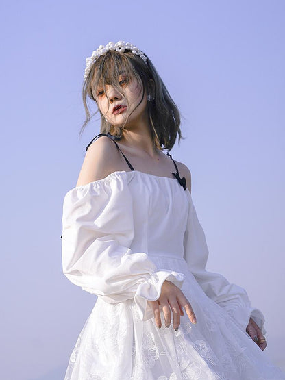 Daytoday Butterfly Lace Velvet Dress Inspired By Les Fleurs Du Mal V-Neck T-Shirt Long-Sleeve