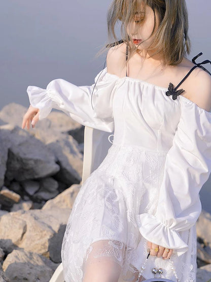 Butterfly Lace Velvet Dress Inspired By Les Fleurs Du Mal V-Neck T-Shirt Long-Sleeve