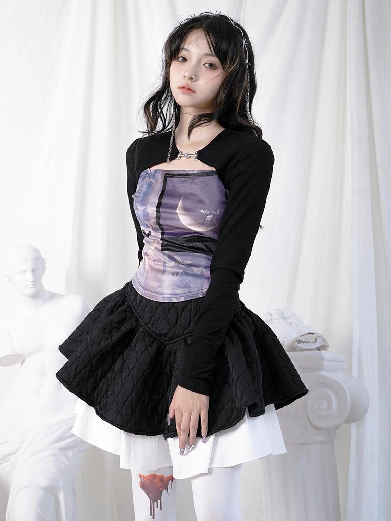 Butterfly Moon Print Cropped Top With Metal Buttons