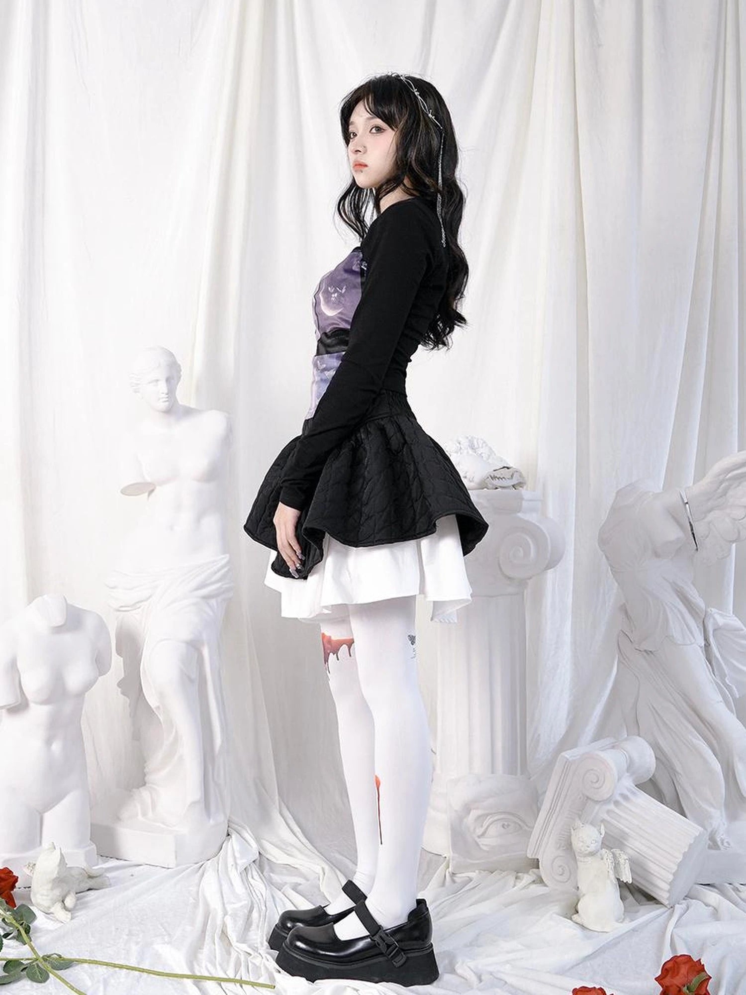 Butterfly Moon Print Cropped Top With Metal Buttons