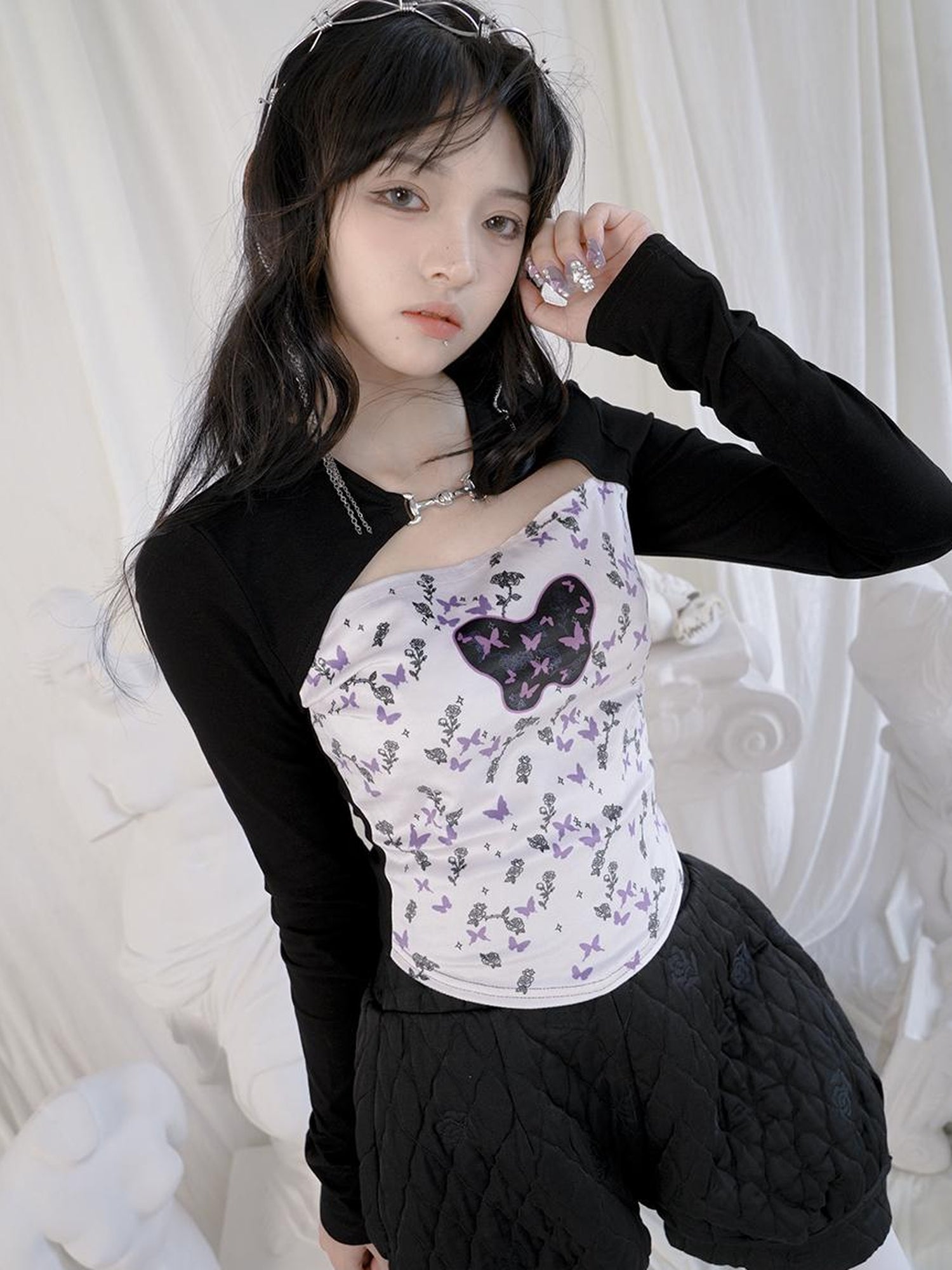 Daytoday Butterfly Moon Print Cropped Top With Metal Buttons