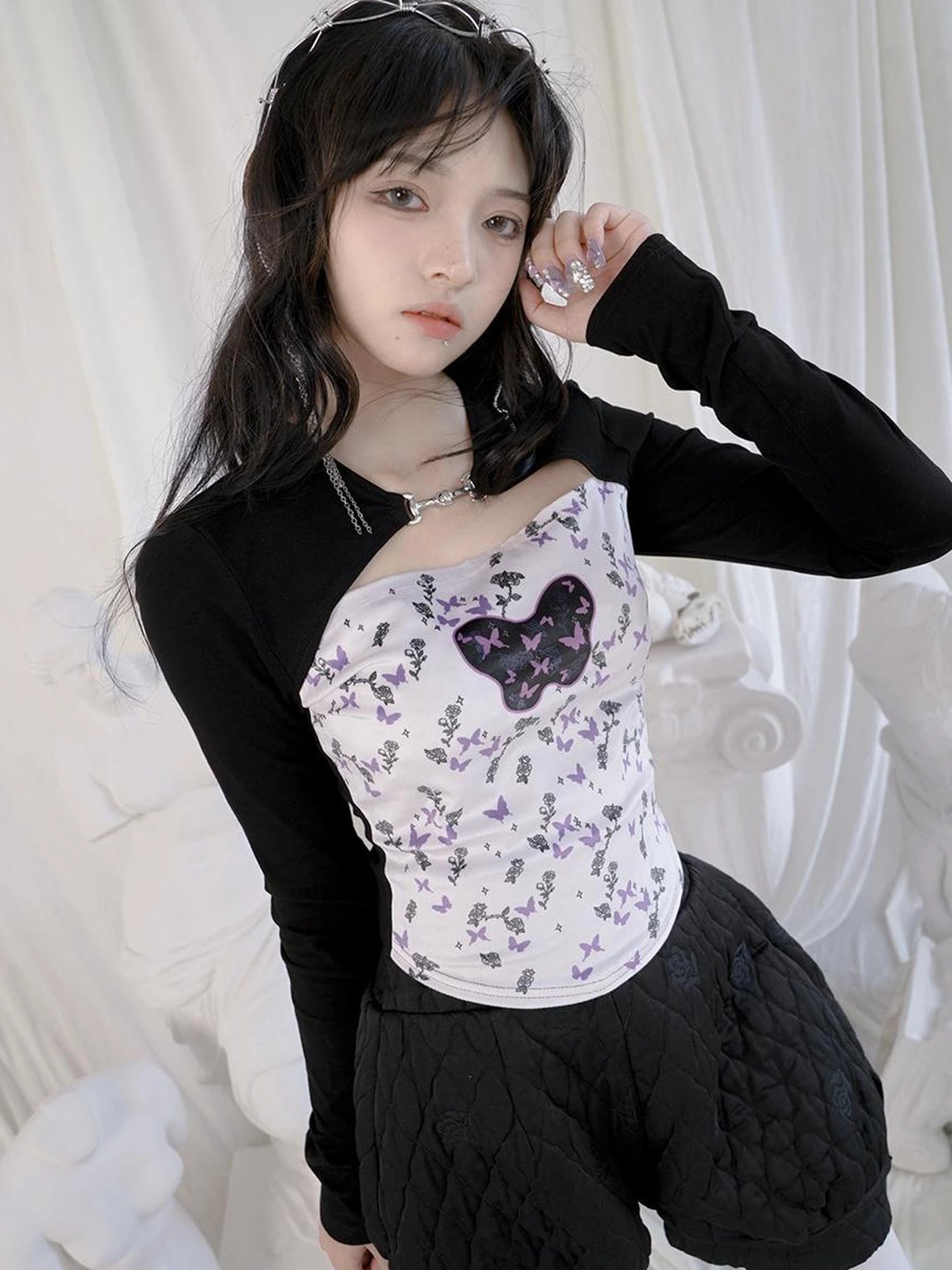 Butterfly Moon Print Cropped Top With Metal Buttons