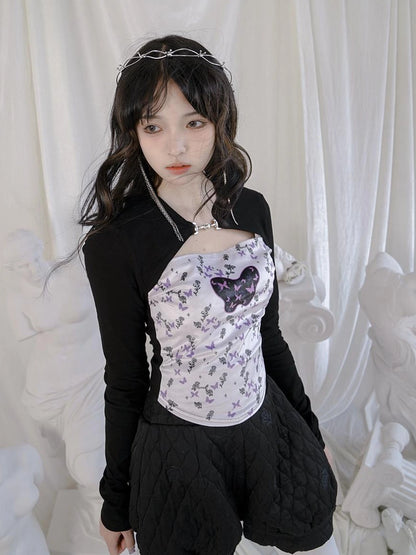 Butterfly Moon Print Cropped Top With Metal Buttons