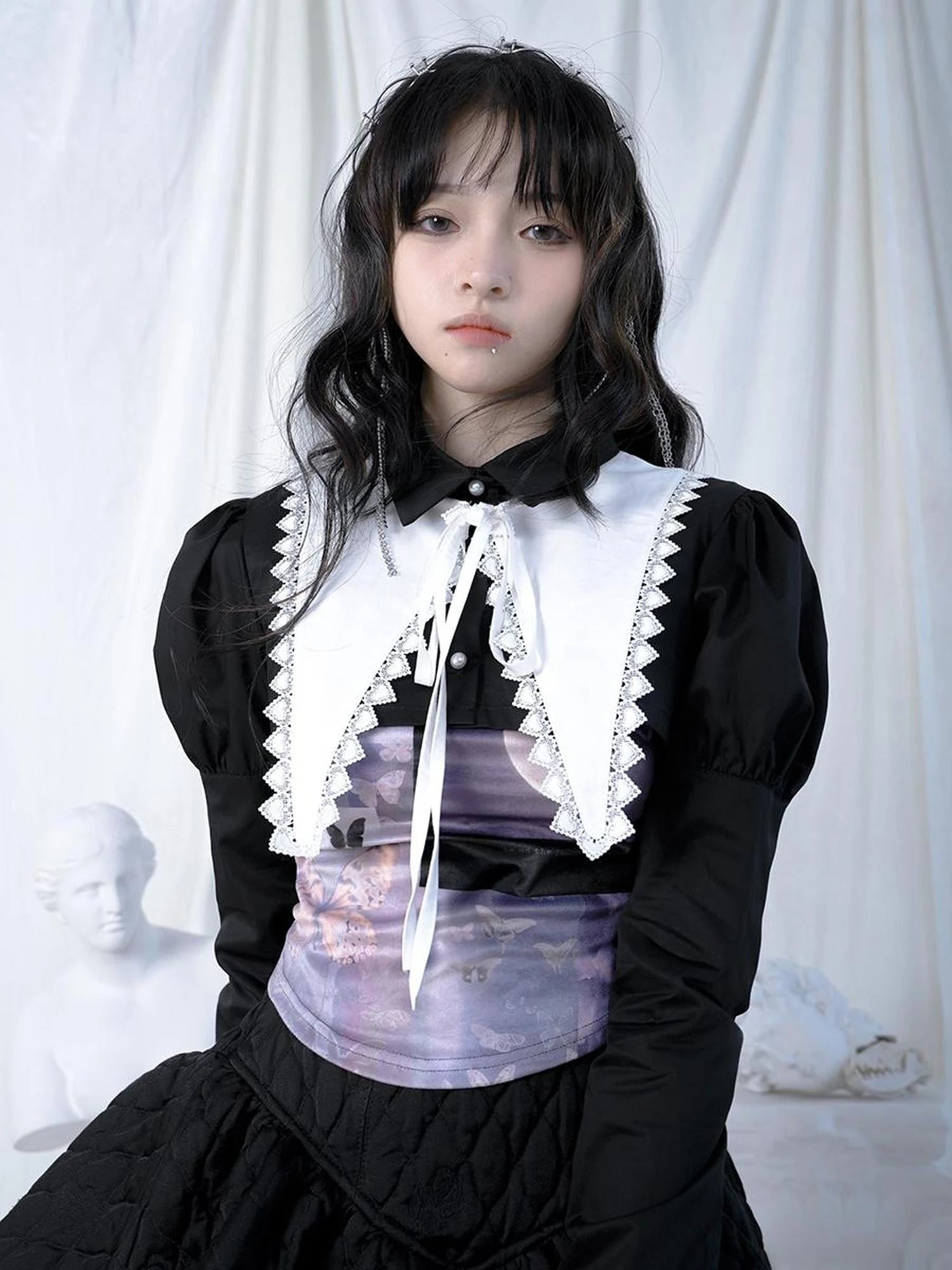 Butterfly Moon Print Cropped Top With Metal Buttons