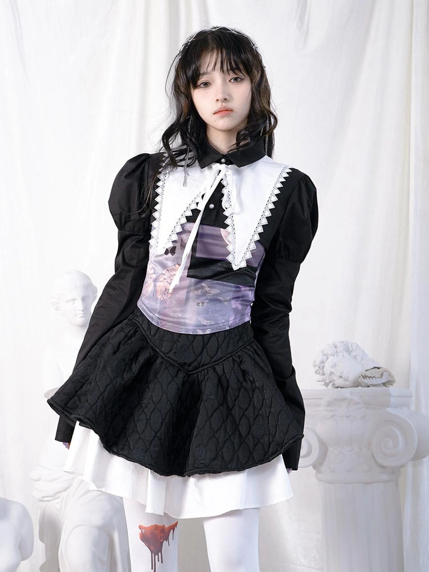 Butterfly Moon Print Cropped Top With Metal Buttons