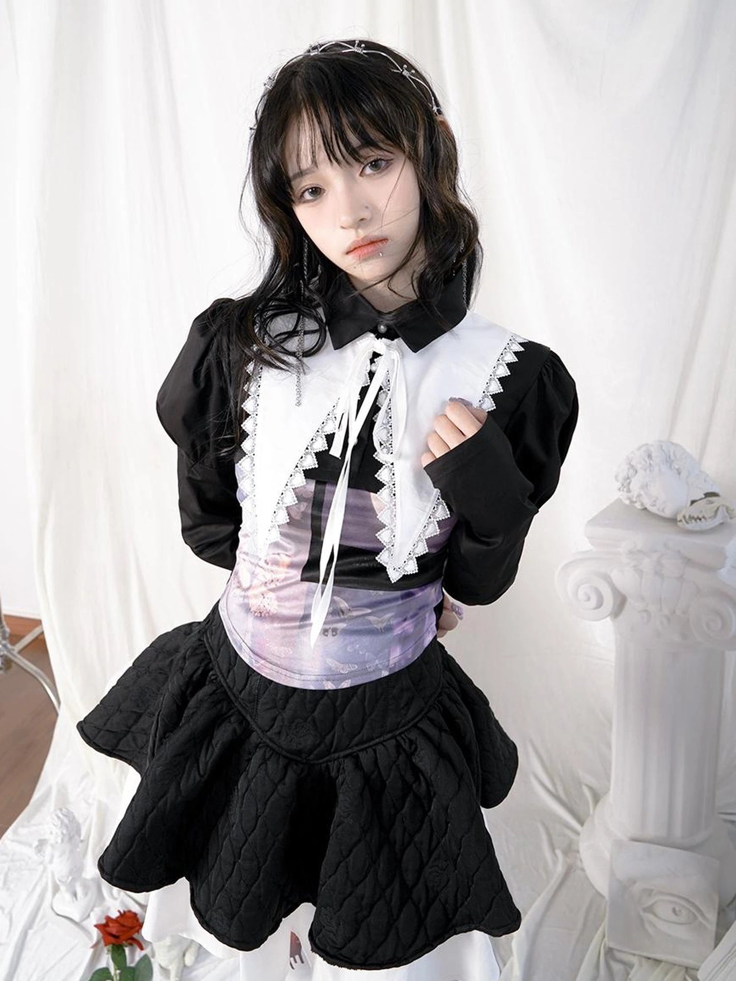 Butterfly Moon Print Cropped Top With Metal Buttons