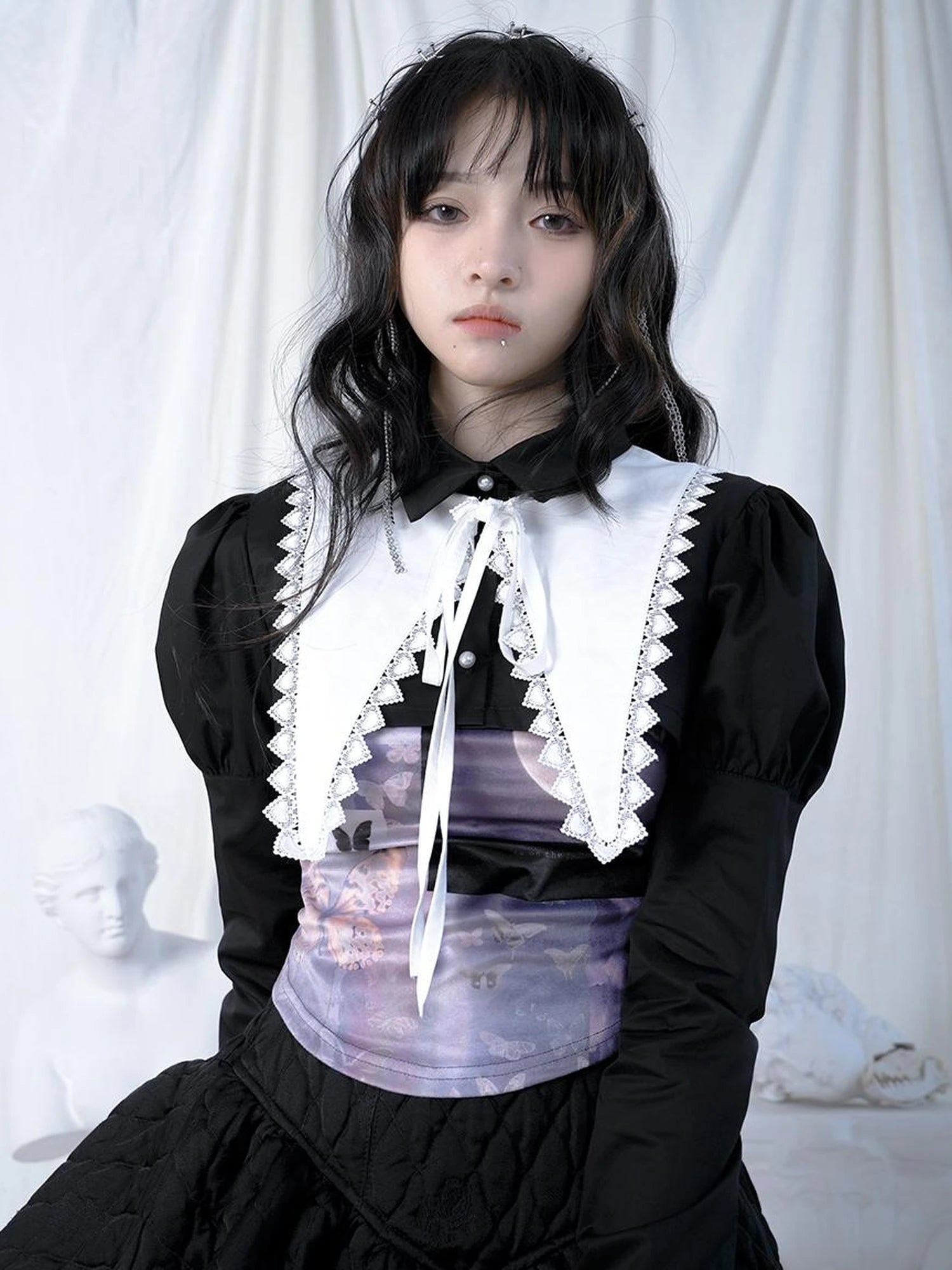 Butterfly Moon Print Cropped Top With Metal Buttons