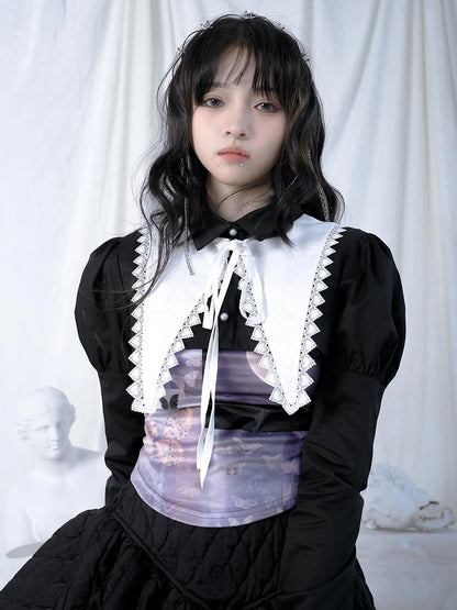 Butterfly Moon Print Cropped Top With Metal Buttons