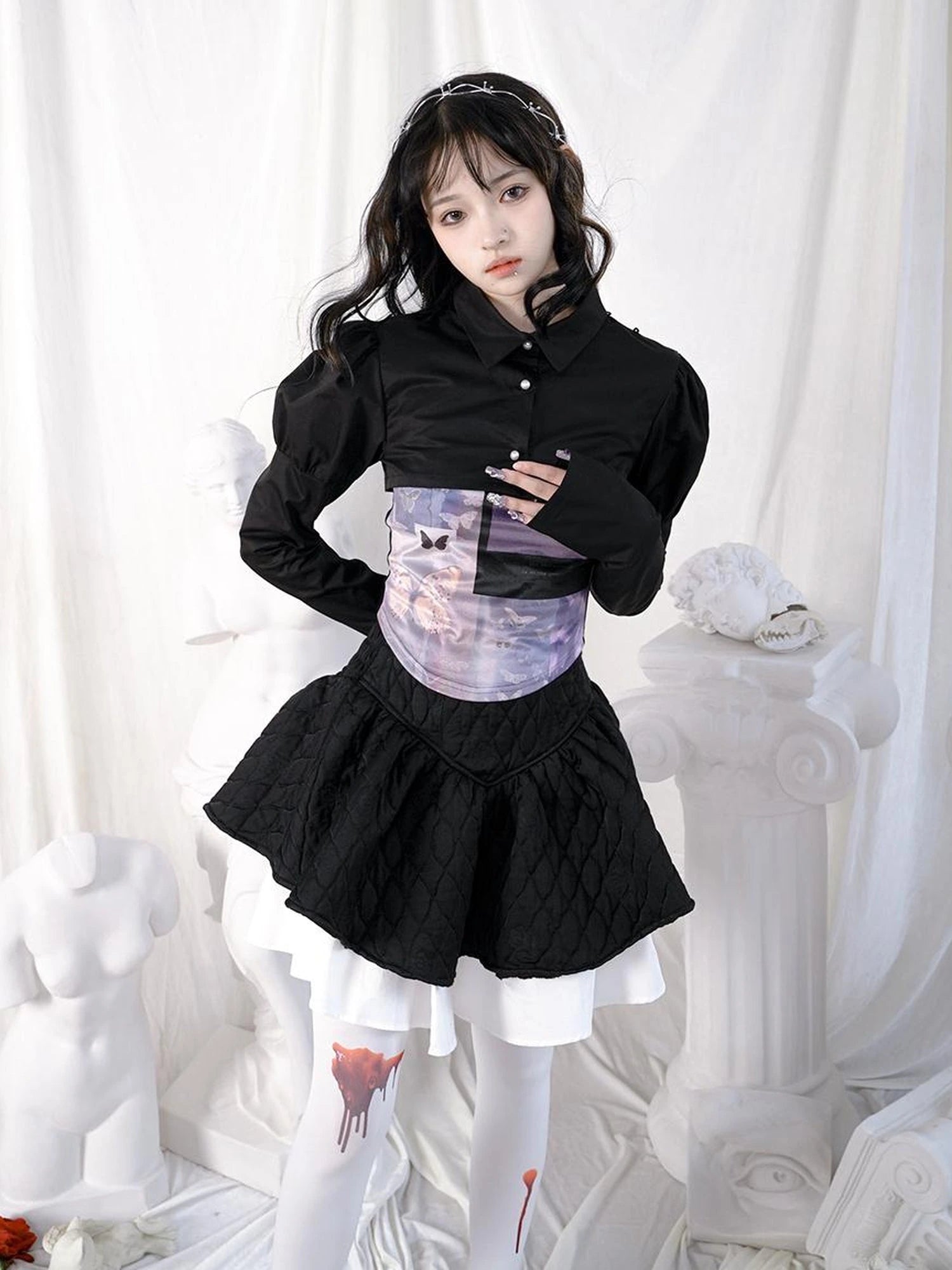 Butterfly Moon Print Cropped Top With Metal Buttons