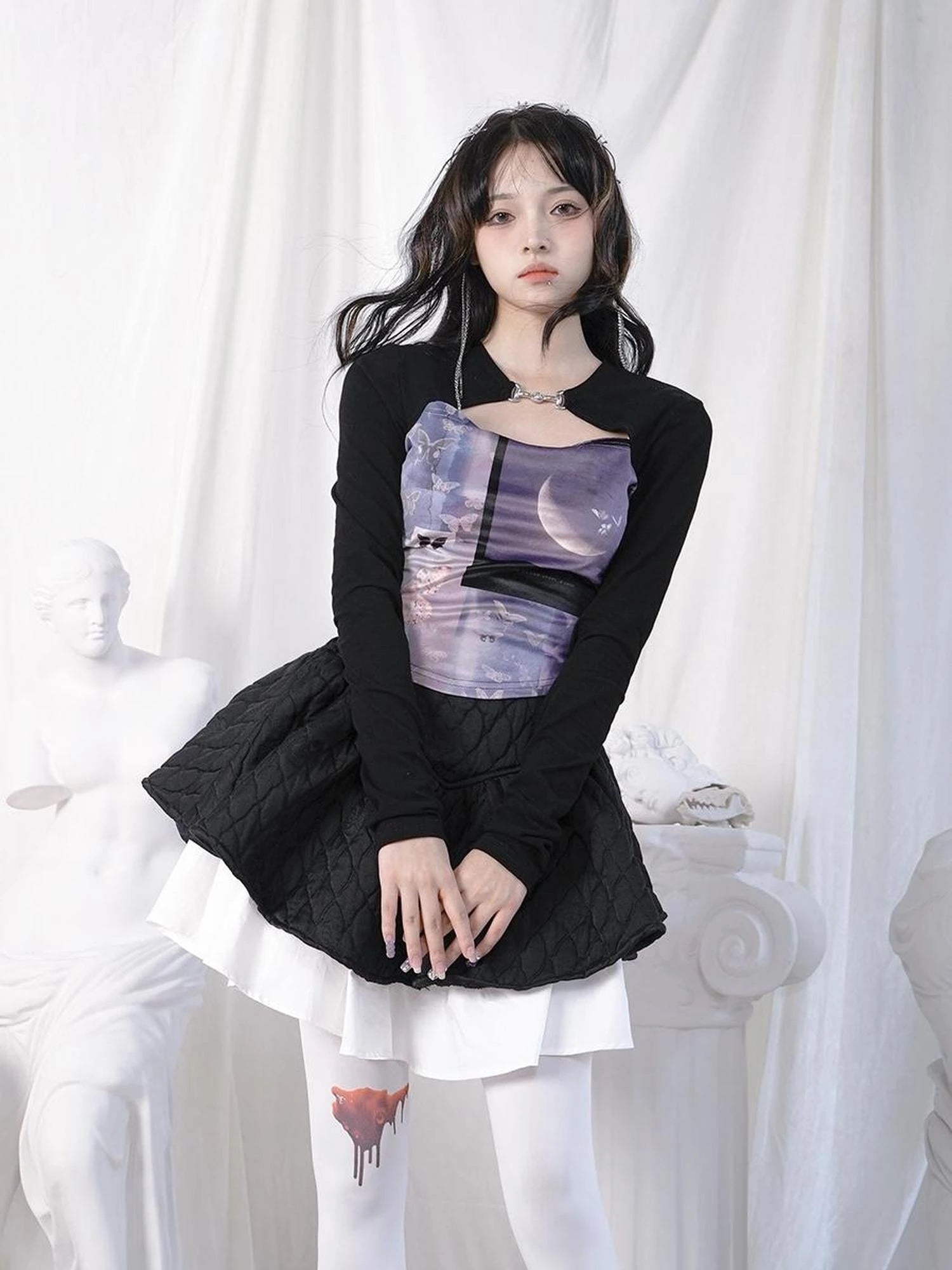 Butterfly Moon Print Cropped Top With Metal Buttons