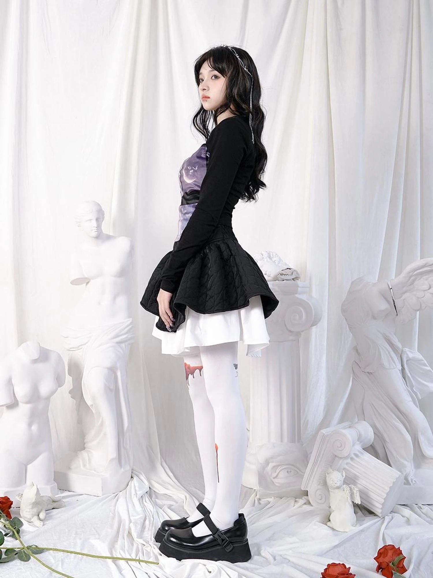 Butterfly Moon Print Cropped Top With Metal Buttons