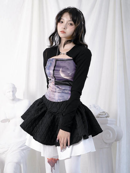 Butterfly Moon Print Cropped Top With Metal Buttons