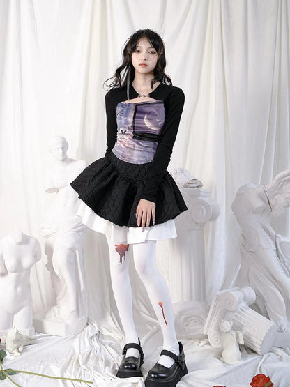 Butterfly Moon Print Cropped Top With Metal Buttons