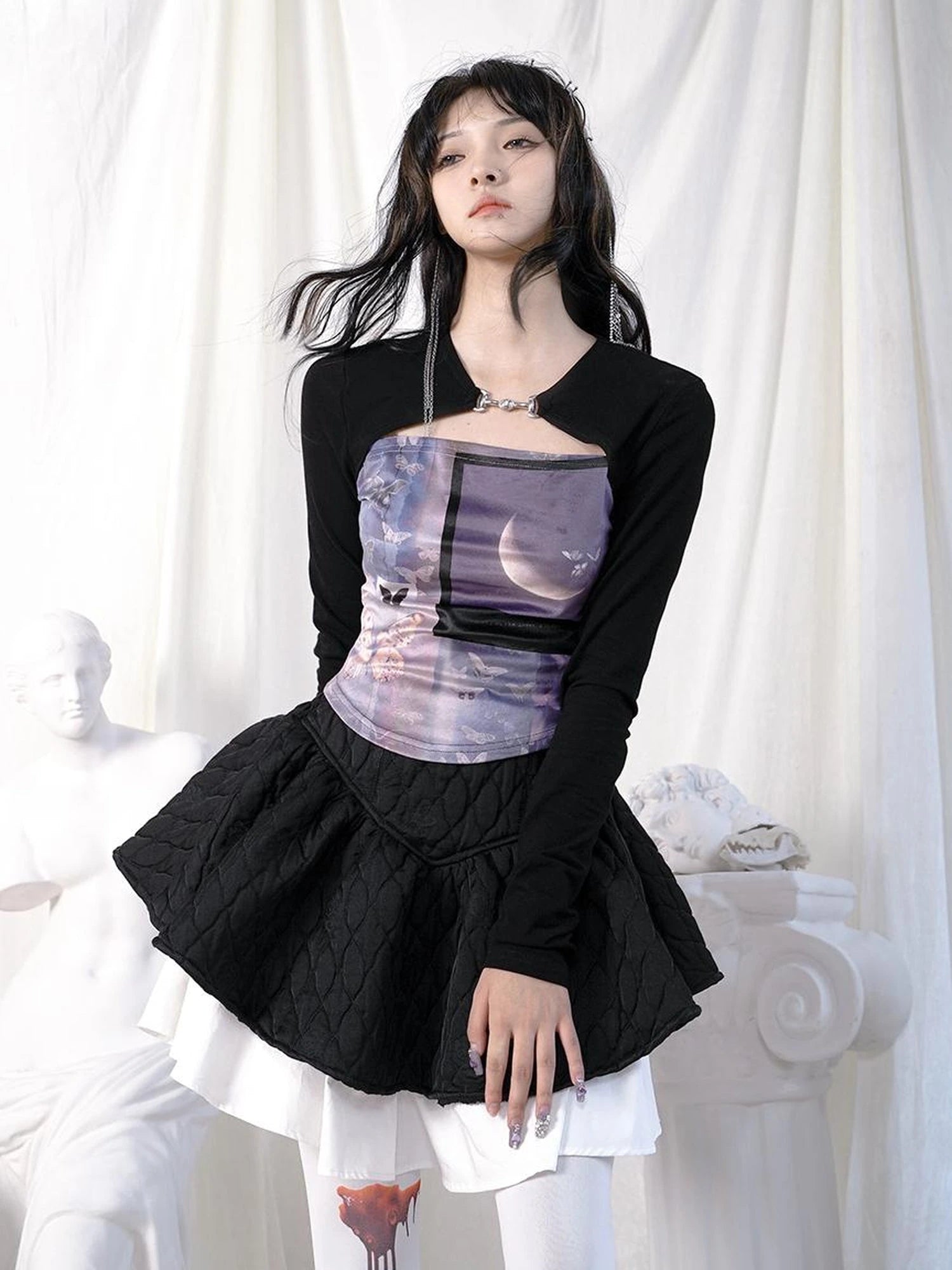 Butterfly Moon Print Cropped Top With Metal Buttons