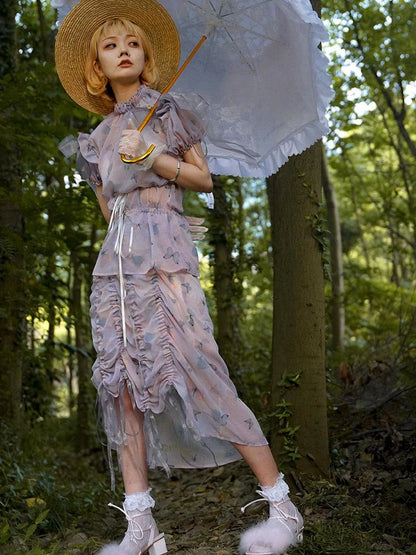 Butterfly Print Drawstring Skirt