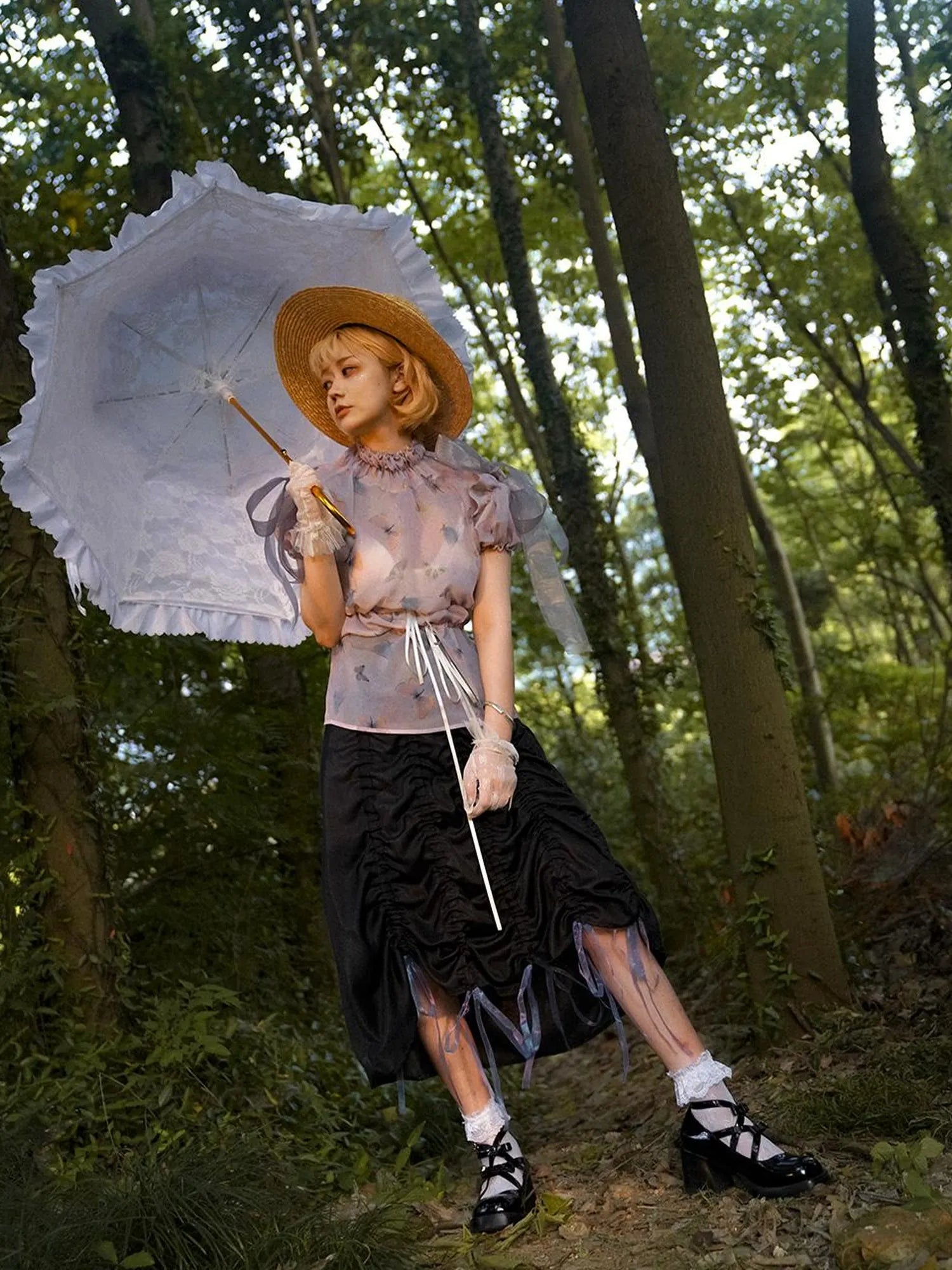 Butterfly Print Drawstring Skirt