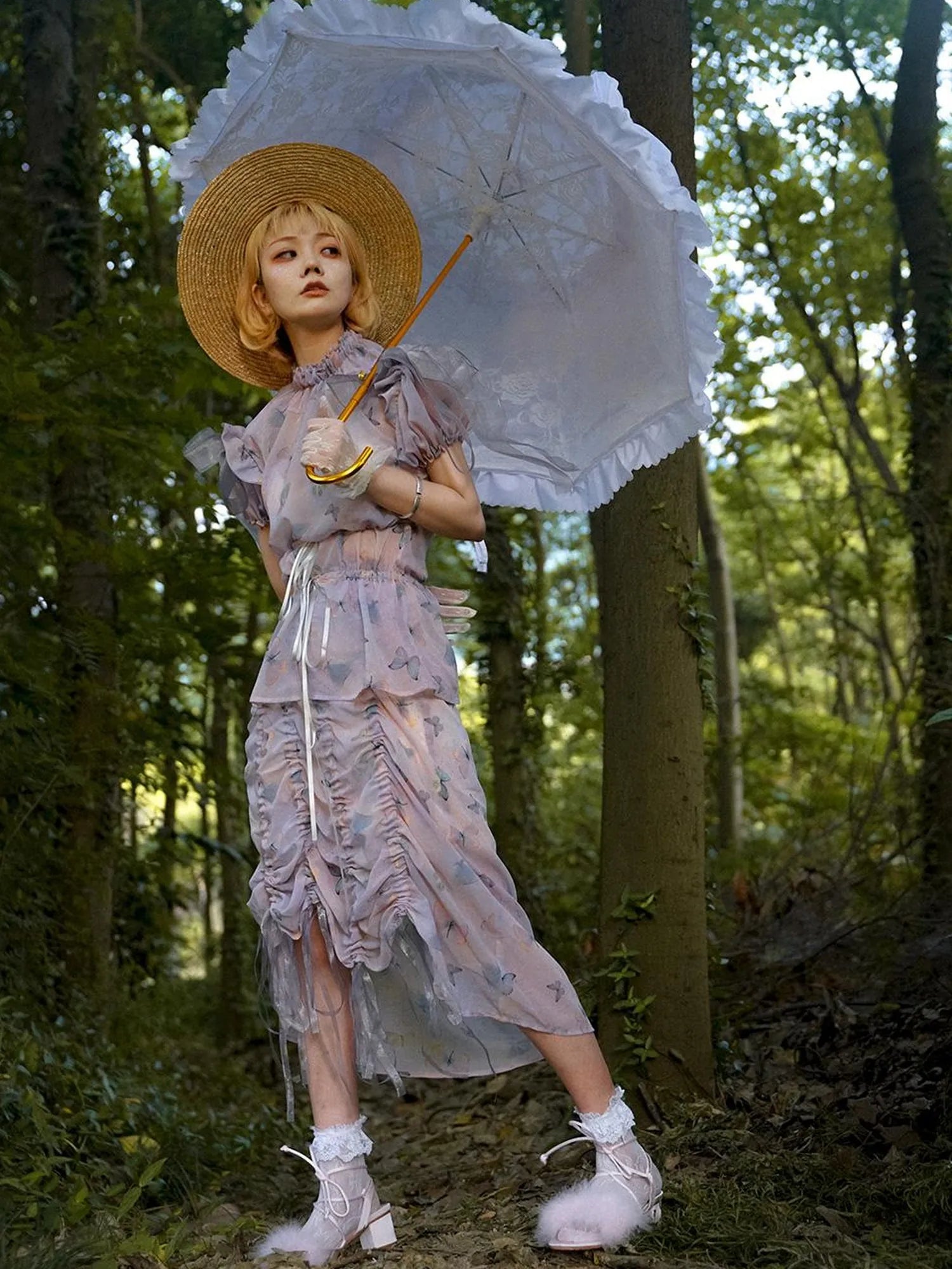 Butterfly Print Drawstring Skirt