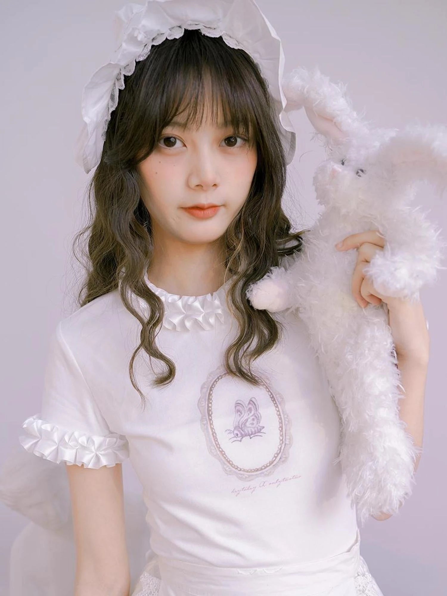 Butterfly Print Embroidered T Shirt With Lace Trim