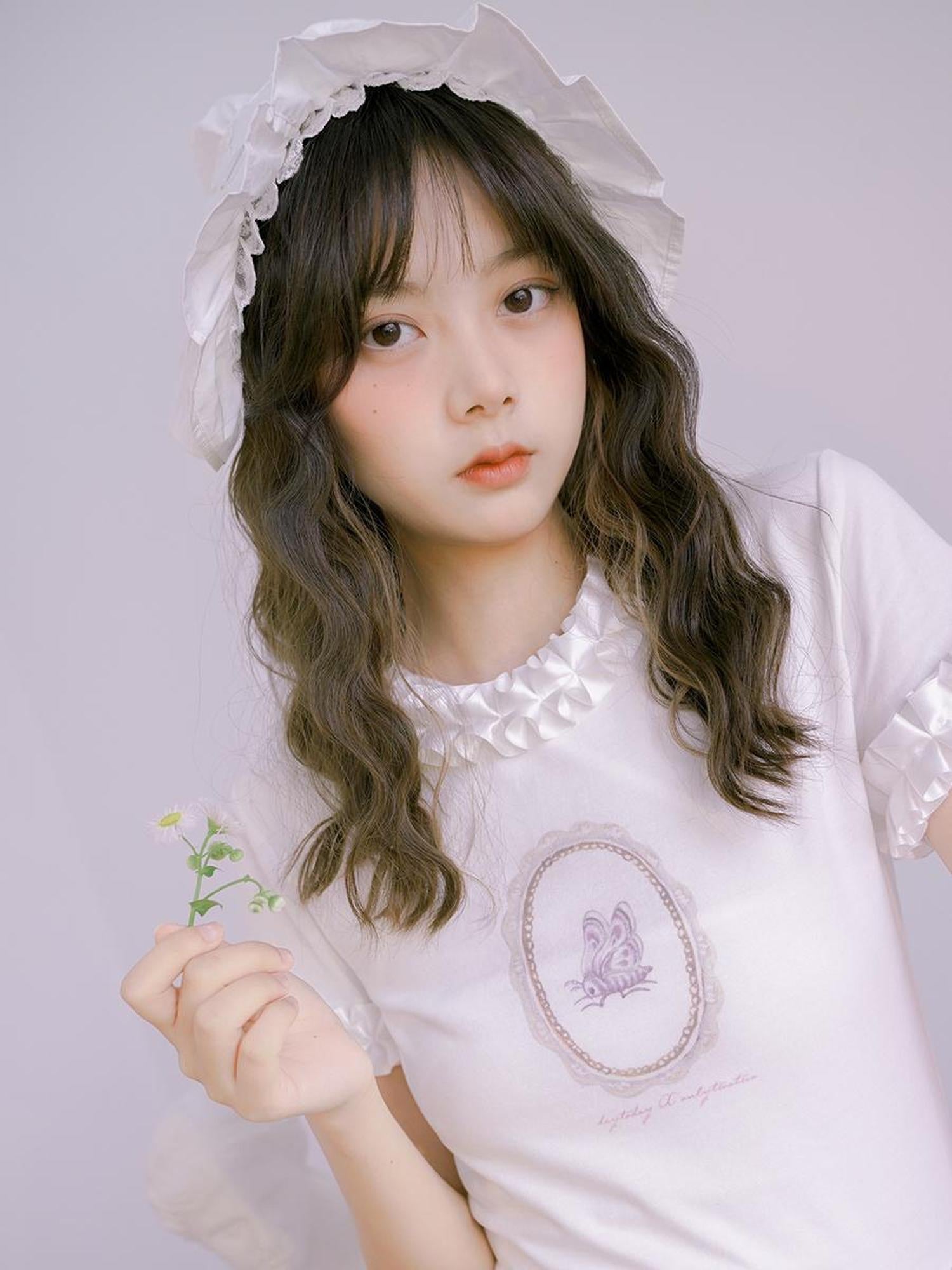 Daytoday Butterfly Print Embroidered T Shirt With Lace Trim