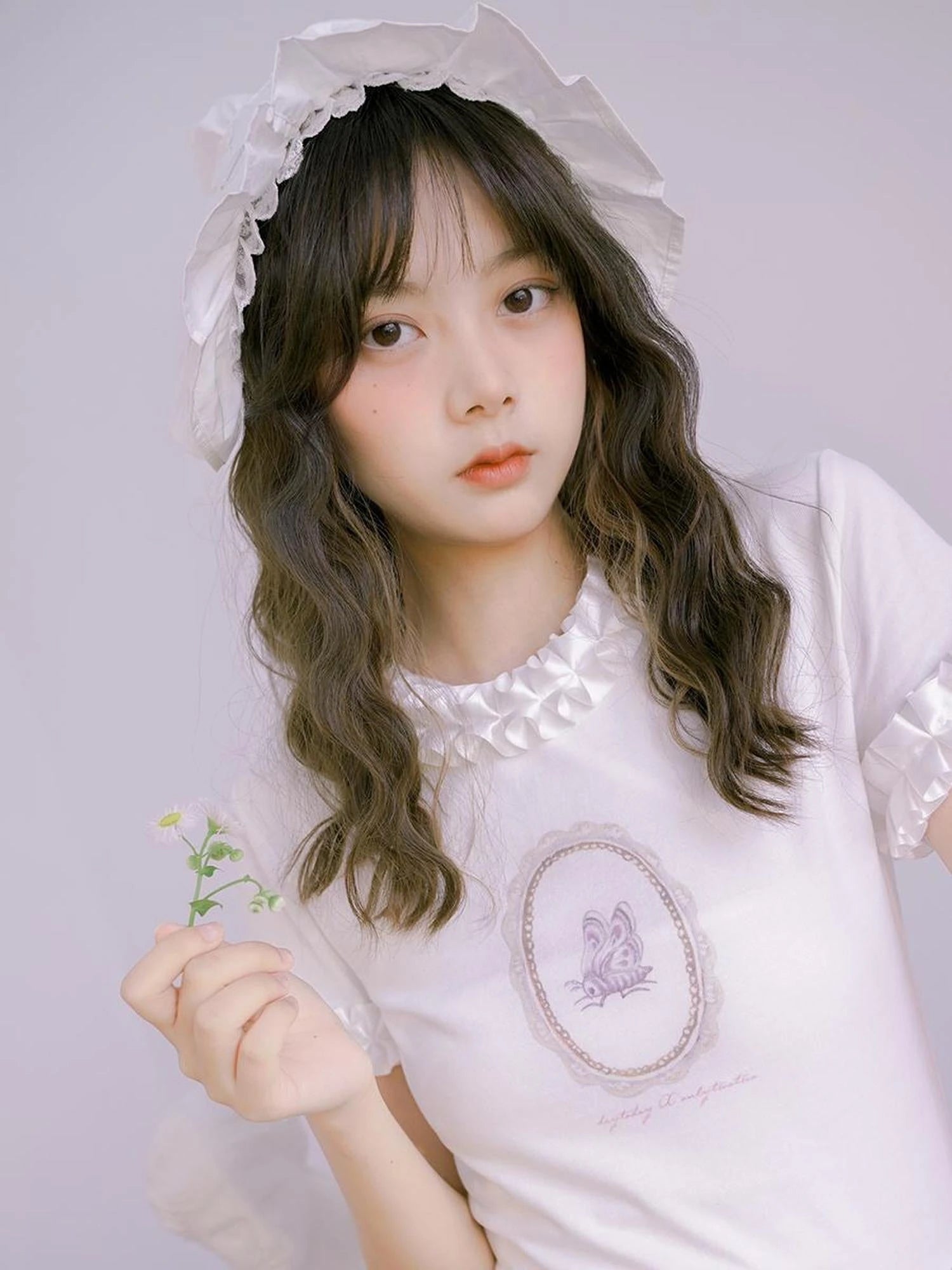 Butterfly Print Embroidered T Shirt With Lace Trim