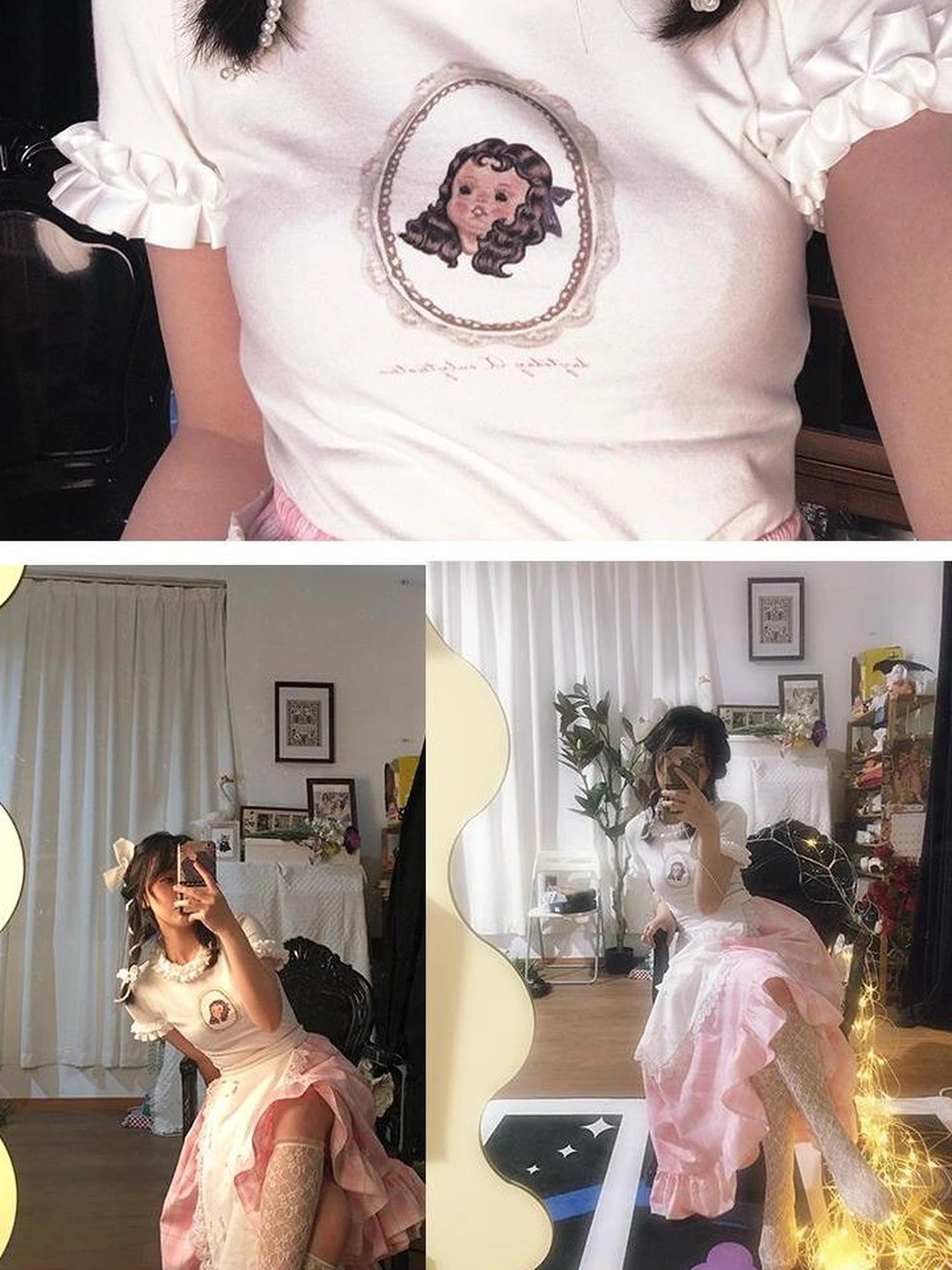 Butterfly Print Embroidered T Shirt With Lace Trim