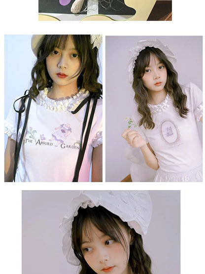 Butterfly Print Embroidered T Shirt With Lace Trim