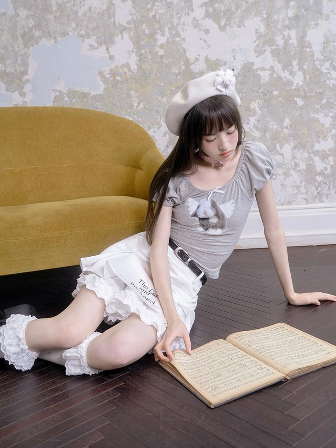 Daytoday Cat Angel Lace Ruffle Pleated Skirt