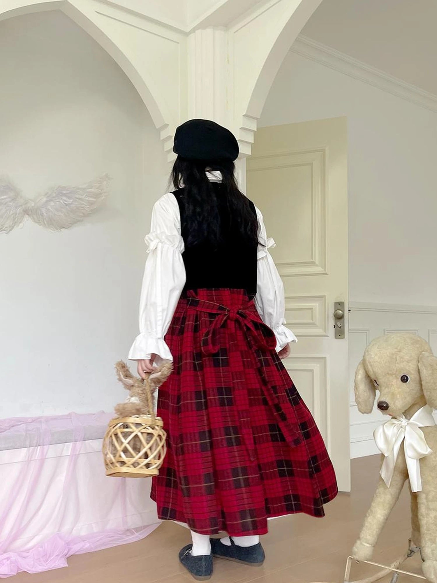 Christmas Plaid Velvet Vintage Vest Dress V-neck Long-Sleeve