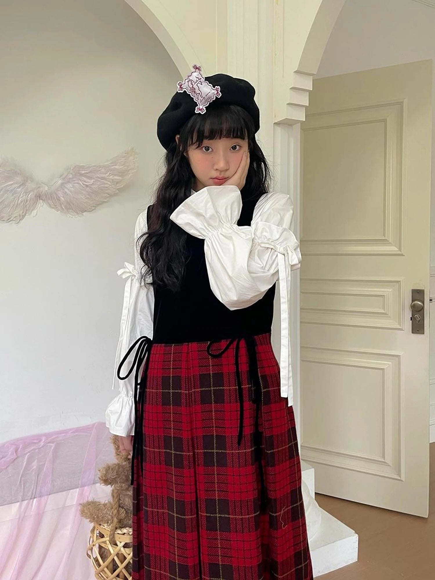 Christmas Plaid Velvet Vintage Vest Dress V-neck Long-Sleeve