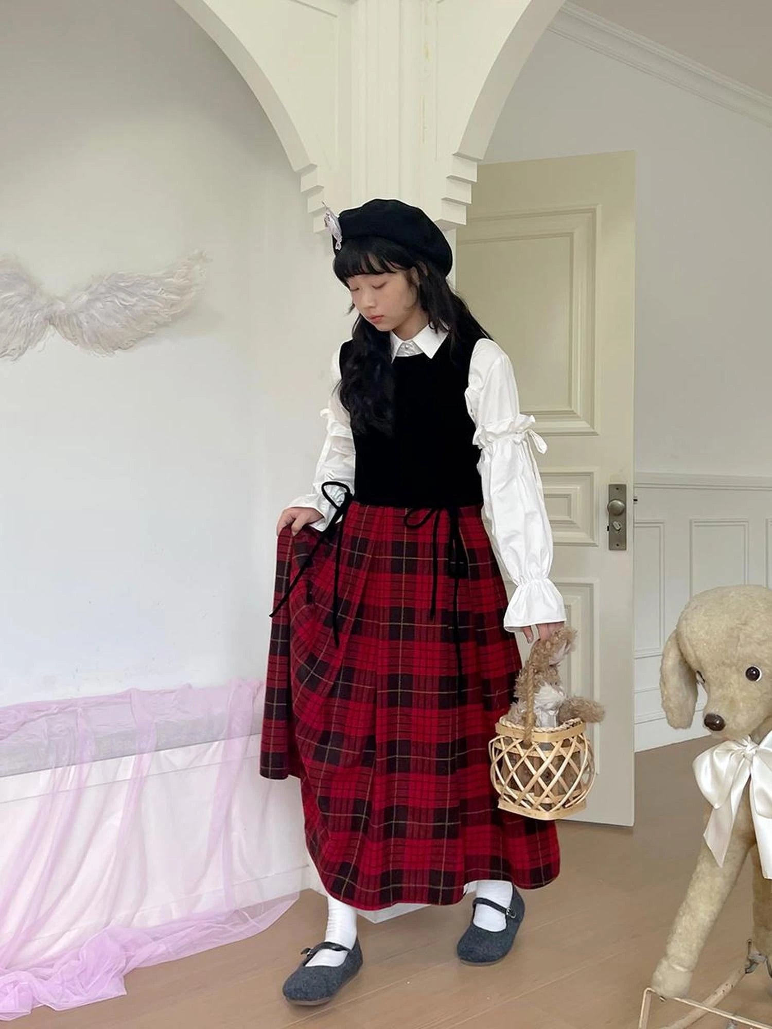 Christmas Plaid Velvet Vintage Vest Dress V-neck Long-Sleeve