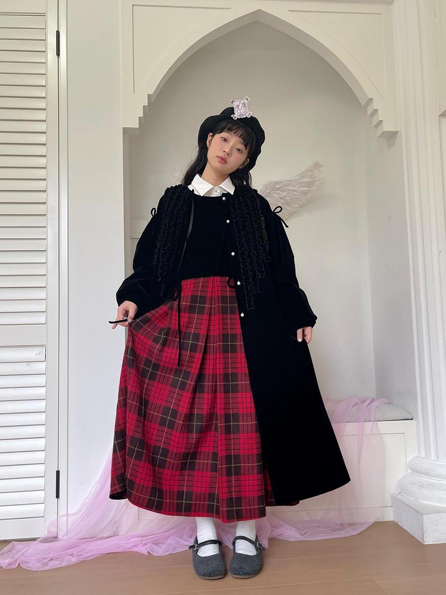 Daytoday Christmas Plaid Velvet Vintage Vest Dress V-neck Long-Sleeve