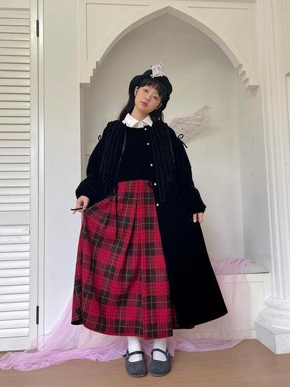 Daytoday Christmas Plaid Velvet Vintage Vest Dress V-neck Long-Sleeve