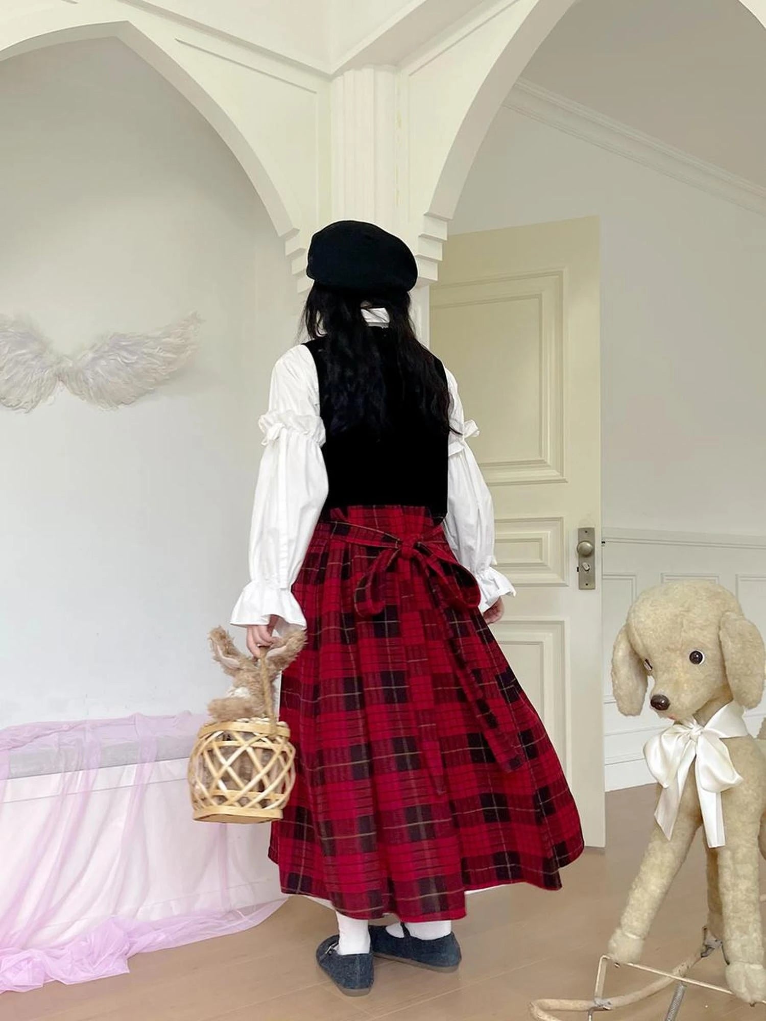 Christmas Plaid Velvet Vintage Vest Dress V-neck Long-Sleeve