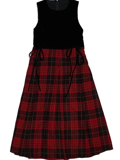 Christmas Plaid Velvet Vintage Vest Dress V-neck Long-Sleeve