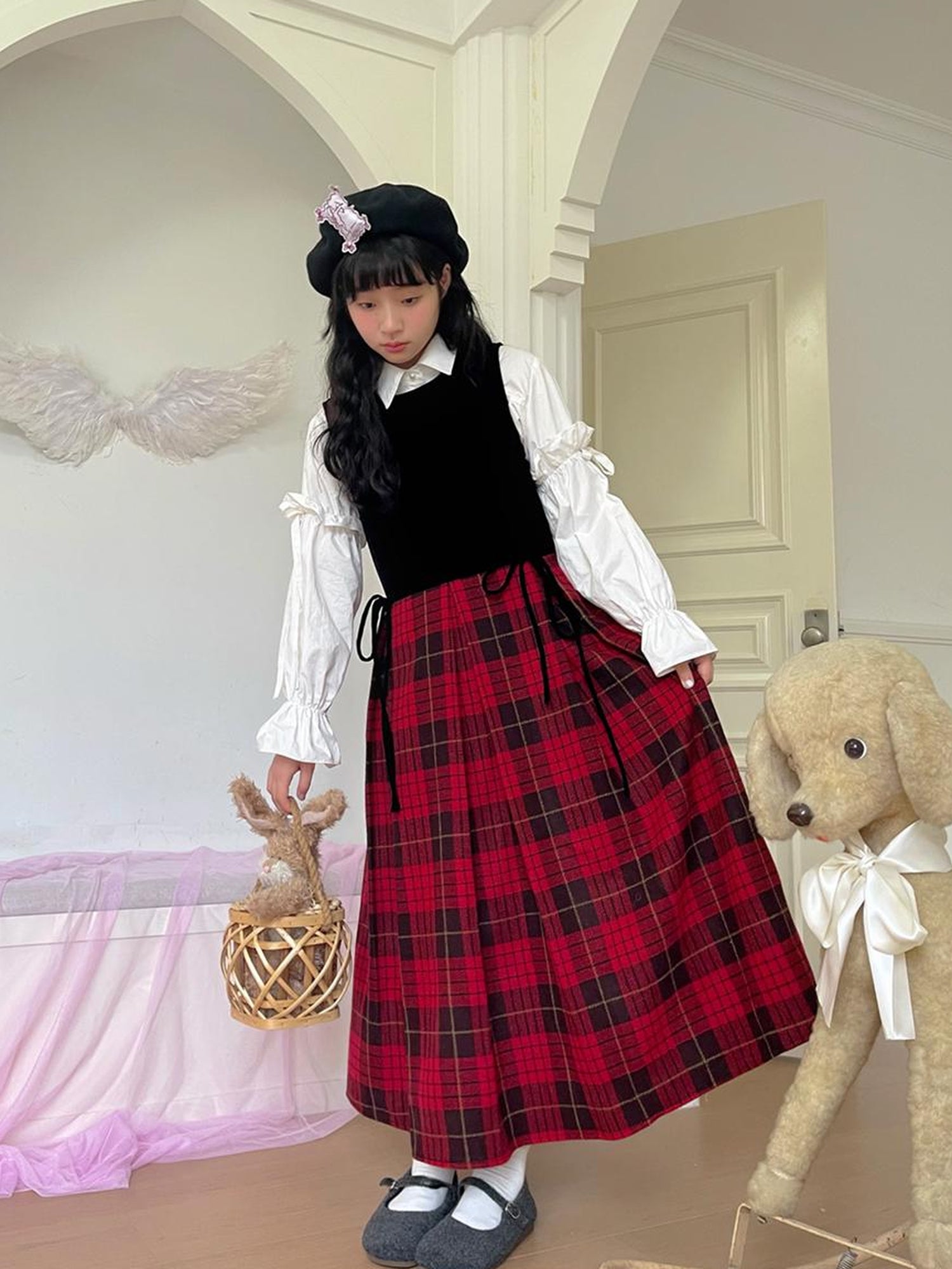 Daytoday Christmas Plaid Velvet Vintage Vest Dress V-neck Long-Sleeve
