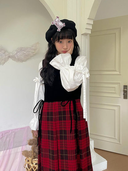 Daytoday Christmas Plaid Velvet Vintage Vest Dress V-neck Long-Sleeve