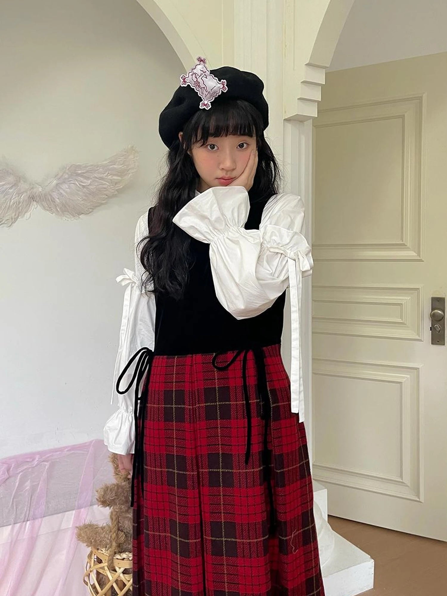 Christmas Plaid Velvet Vintage Vest Dress V-neck Long-Sleeve